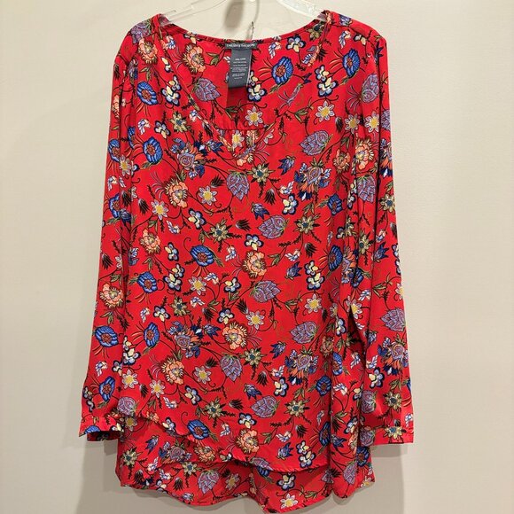 Chelsea & Theodore Womens Top XXL Red Floral Long Sleeve V Neck Blouse - Picture 1 of 6